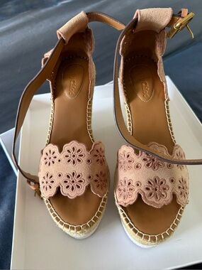 See By Chloe Blush Pink Floral Suede Espadrille Wedges